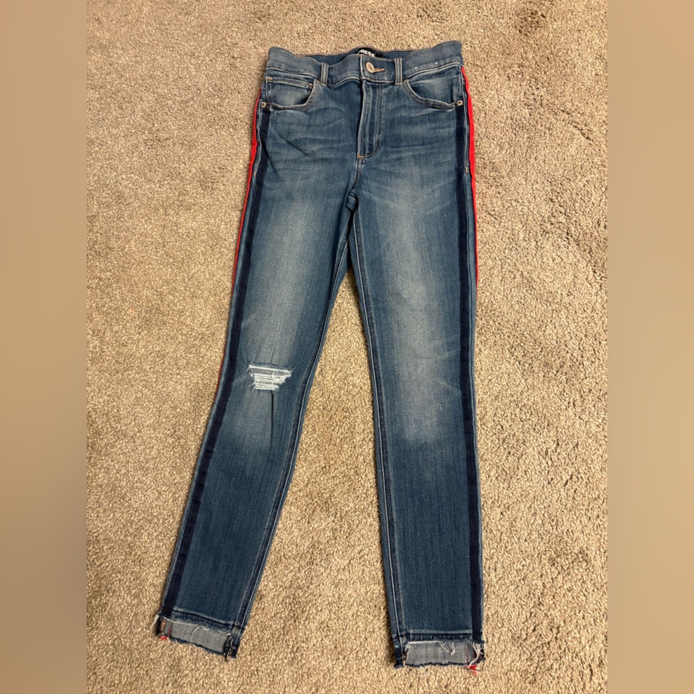 Express high rise ankle legging with red stripes down both sides
